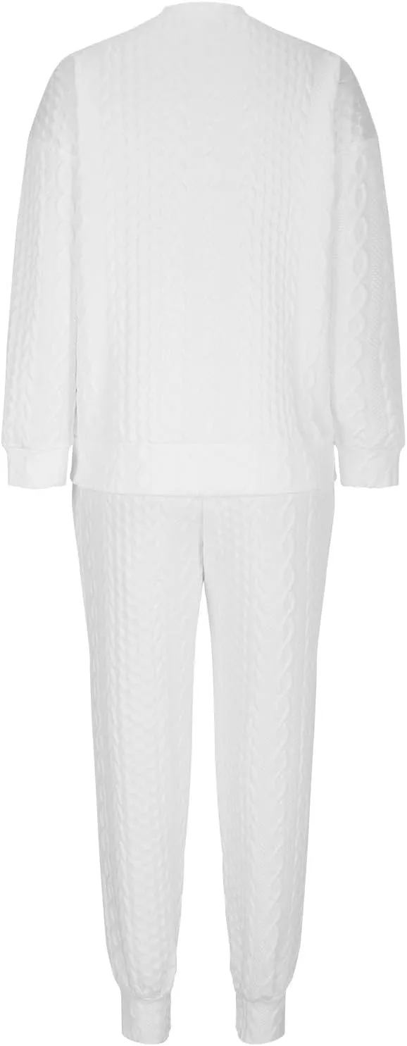 Xiaojmake Lounge Sets for Women Fall 2024 Matching Sets 2 Piece Knit Outfits Long Sleeve Textured Pullover Top Joggers Sets