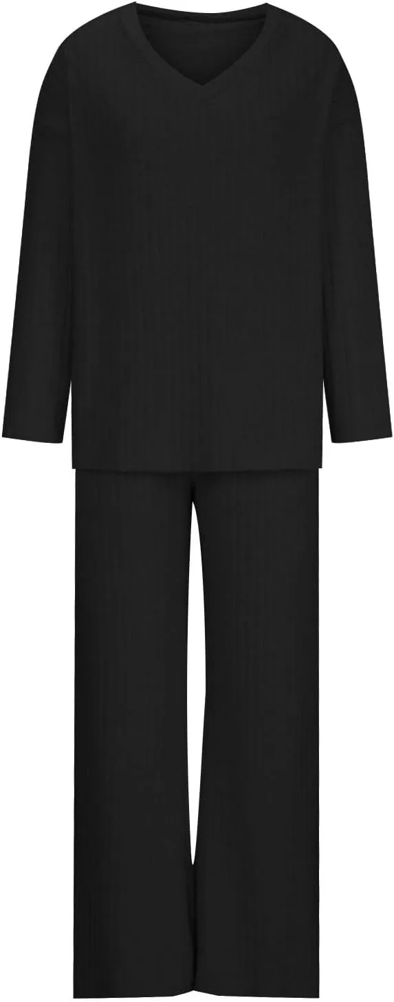 Xiaojmake Matching Lounge Sets Women 2 Piece Knit Pajamas Sleepwear Slouchy Knit Pullover Sweater Cozy Flare Leg Pants Set