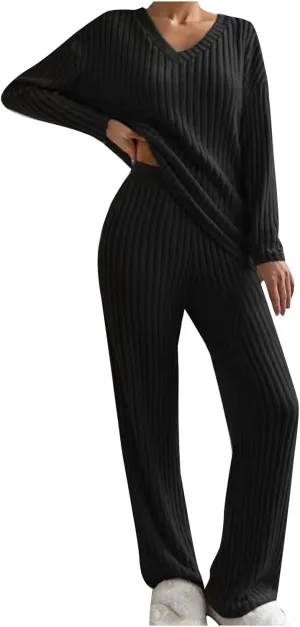 Xiaojmake Matching Lounge Sets Women 2 Piece Knit Pajamas Sleepwear Slouchy Knit Pullover Sweater Cozy Flare Leg Pants Set