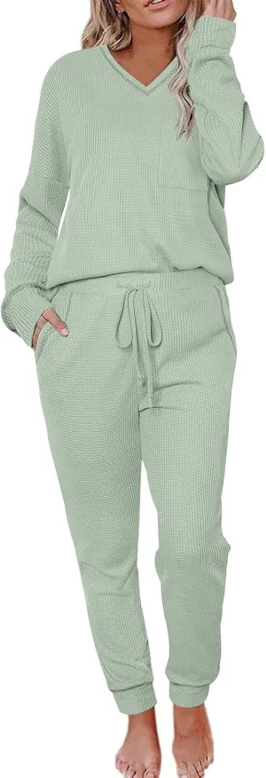 Xiaojmake Waffle Knit Lounge Sets for Women Long Sleeve Jogger Pajamas Sets with Pockets 2 Pieces Knit Outfits Top and Pants