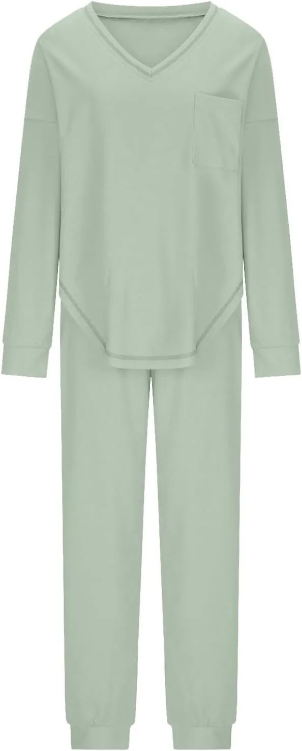 Xiaojmake Waffle Knit Lounge Sets for Women Long Sleeve Jogger Pajamas Sets with Pockets 2 Pieces Knit Outfits Top and Pants