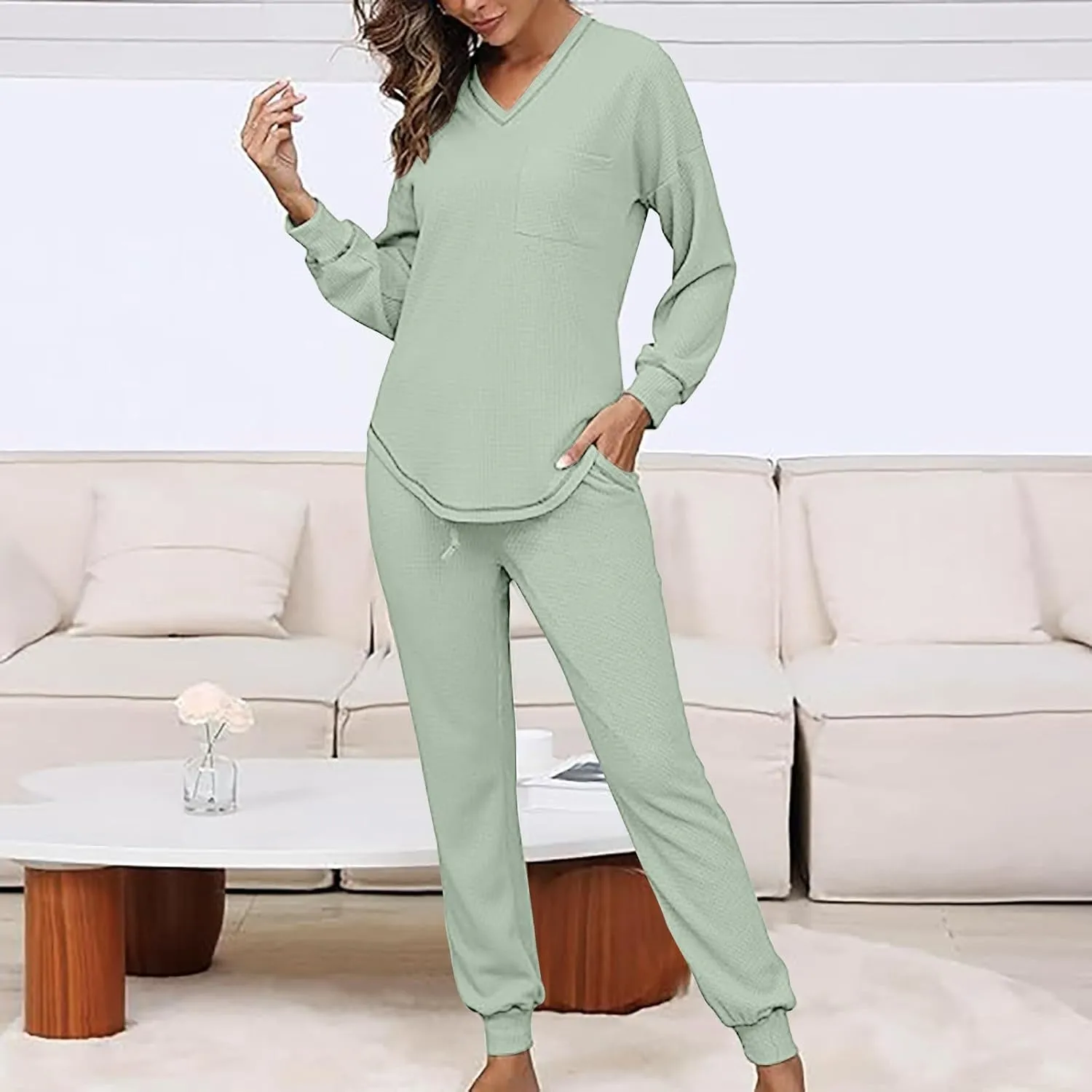 Xiaojmake Waffle Knit Lounge Sets for Women Long Sleeve Jogger Pajamas Sets with Pockets 2 Pieces Knit Outfits Top and Pants
