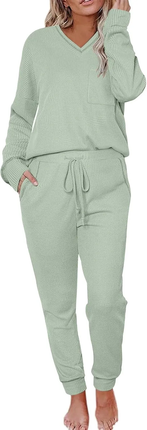 Xiaojmake Waffle Knit Lounge Sets for Women Long Sleeve Jogger Pajamas Sets with Pockets 2 Pieces Knit Outfits Top and Pants
