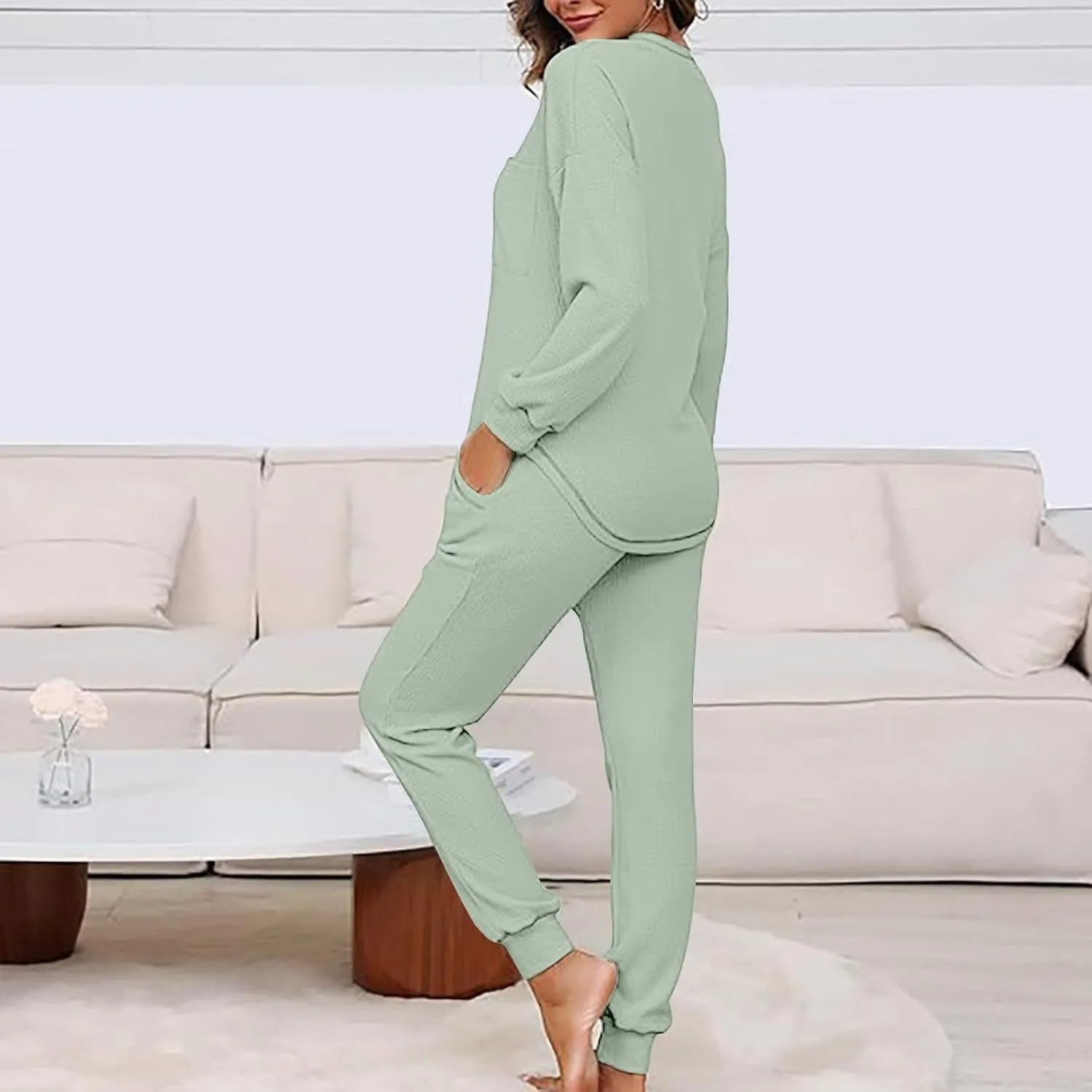 Xiaojmake Waffle Knit Lounge Sets for Women Long Sleeve Jogger Pajamas Sets with Pockets 2 Pieces Knit Outfits Top and Pants