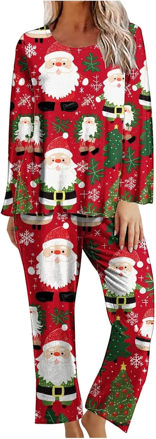 Xiaojmake Women's Pajama Sets 2 Piece Long Sleeve Round Neck Sleepwear Cotton Soft Pjs Christmas Lounge Sets with Pockets
