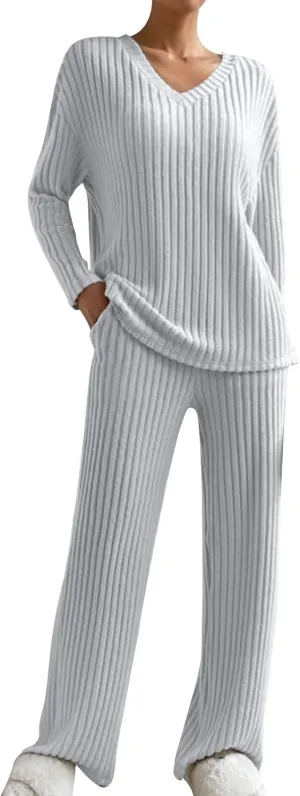 Xiaojmake Women's Pajama Sets Long Sleeve Pullover Tops Wide Leg Pant 2 Piece Lounge Sets Ribbed Knit Sweater Sleepwear