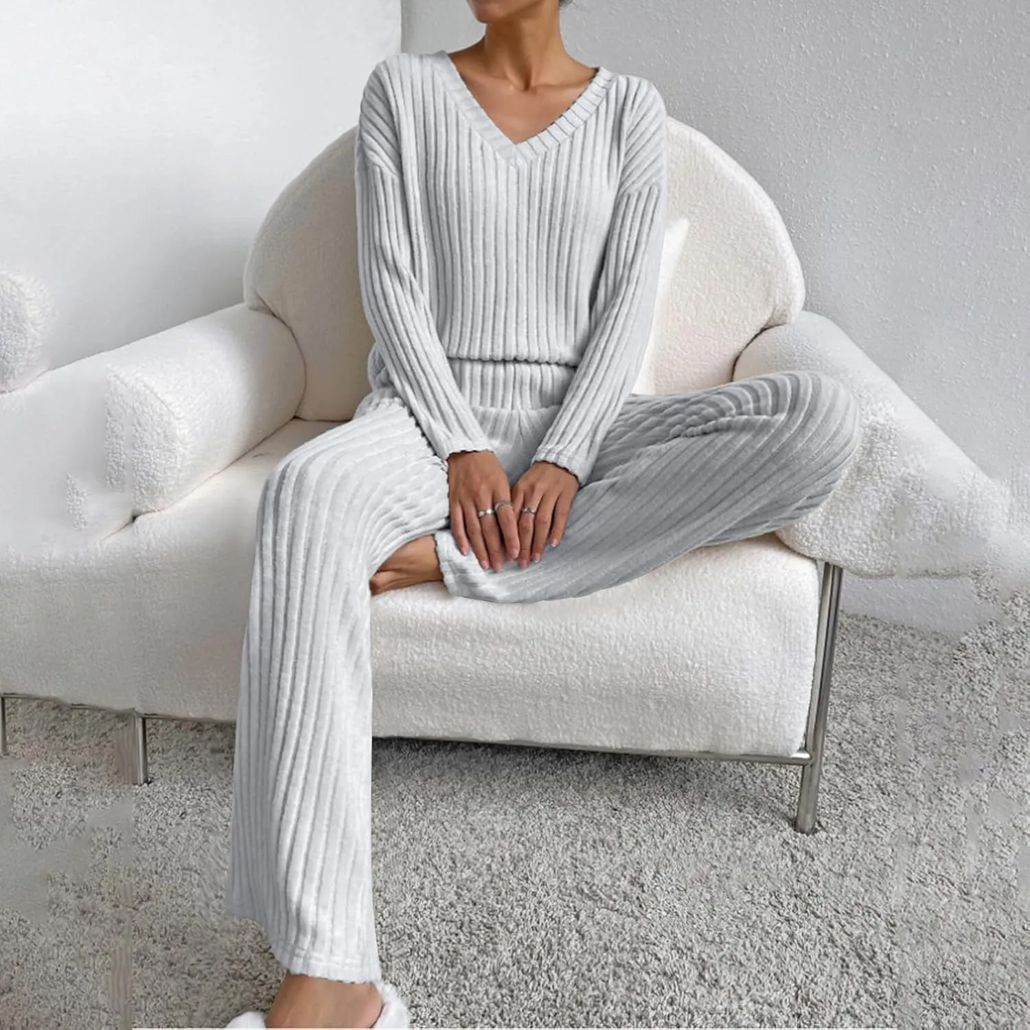 Xiaojmake Women's Pajama Sets Long Sleeve Pullover Tops Wide Leg Pant 2 Piece Lounge Sets Ribbed Knit Sweater Sleepwear