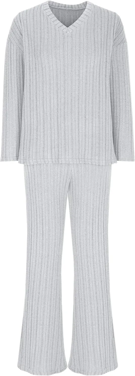 Xiaojmake Women's Pajama Sets Long Sleeve Pullover Tops Wide Leg Pant 2 Piece Lounge Sets Ribbed Knit Sweater Sleepwear