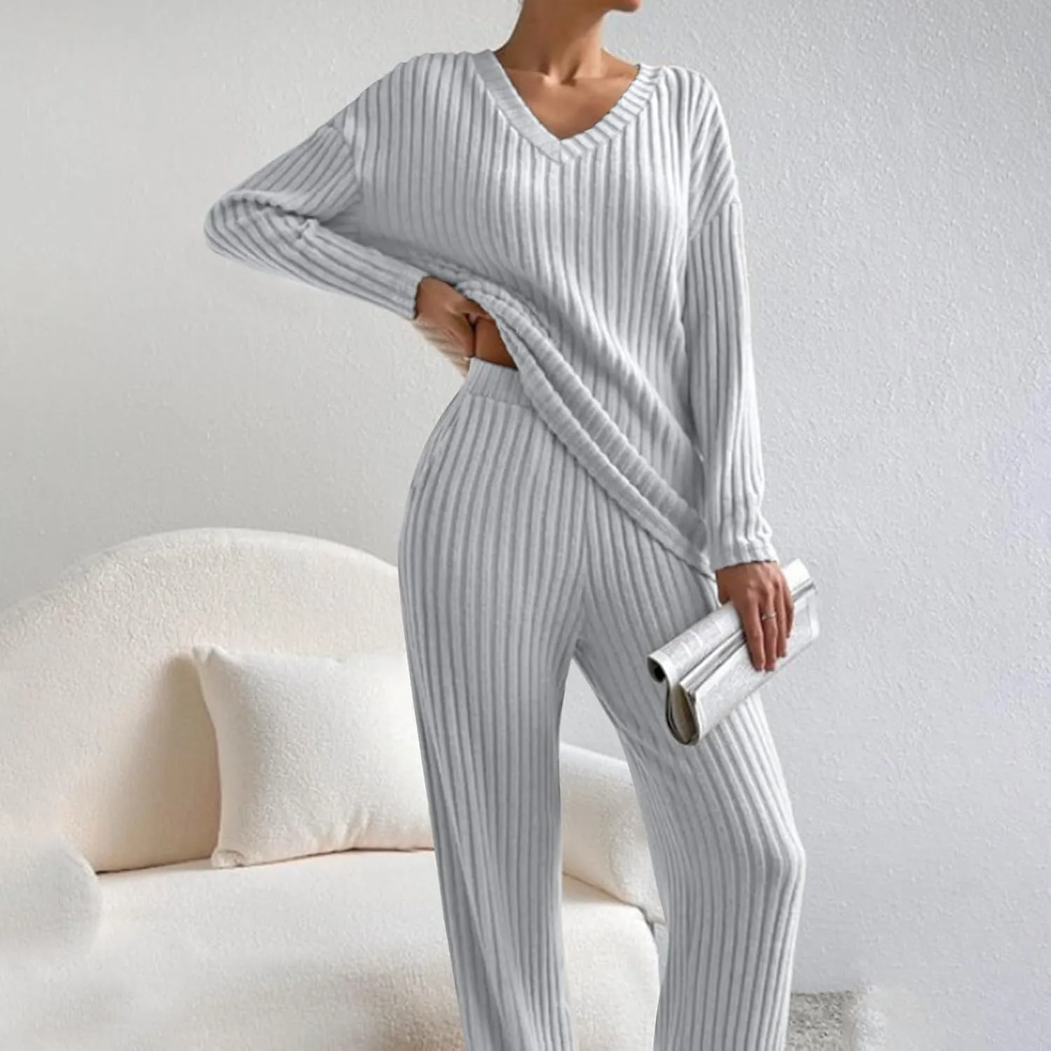 Xiaojmake Women's Pajama Sets Long Sleeve Pullover Tops Wide Leg Pant 2 Piece Lounge Sets Ribbed Knit Sweater Sleepwear