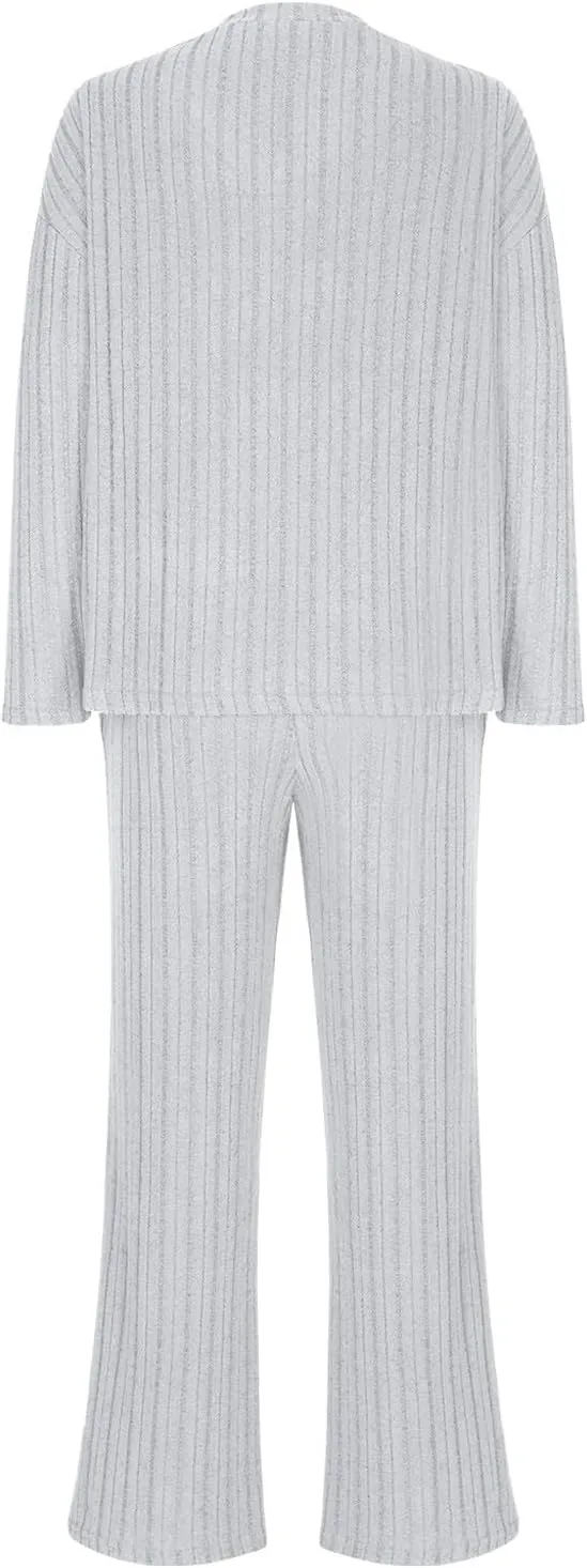 Xiaojmake Women's Pajama Sets Long Sleeve Pullover Tops Wide Leg Pant 2 Piece Lounge Sets Ribbed Knit Sweater Sleepwear