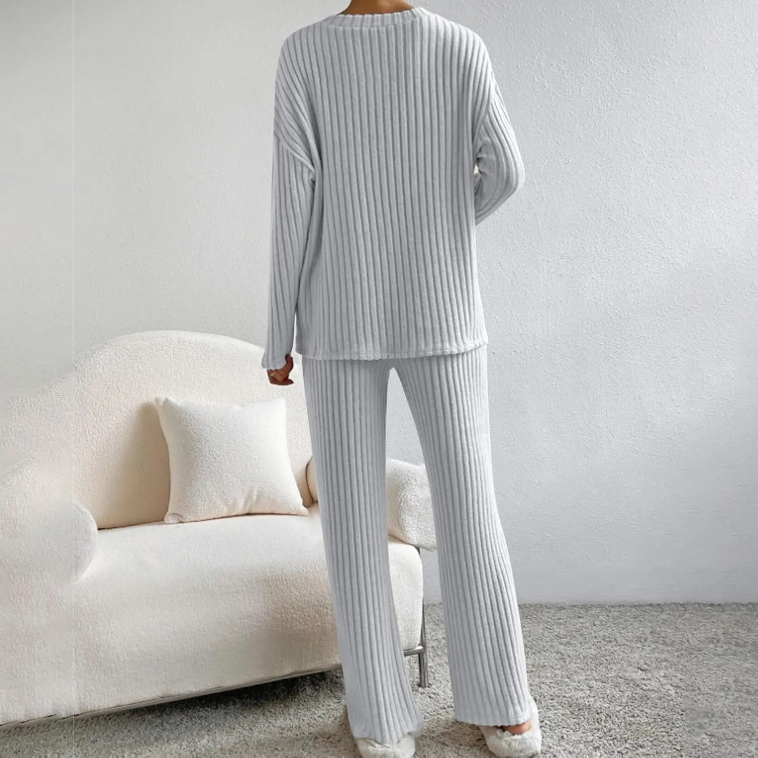 Xiaojmake Women's Pajama Sets Long Sleeve Pullover Tops Wide Leg Pant 2 Piece Lounge Sets Ribbed Knit Sweater Sleepwear