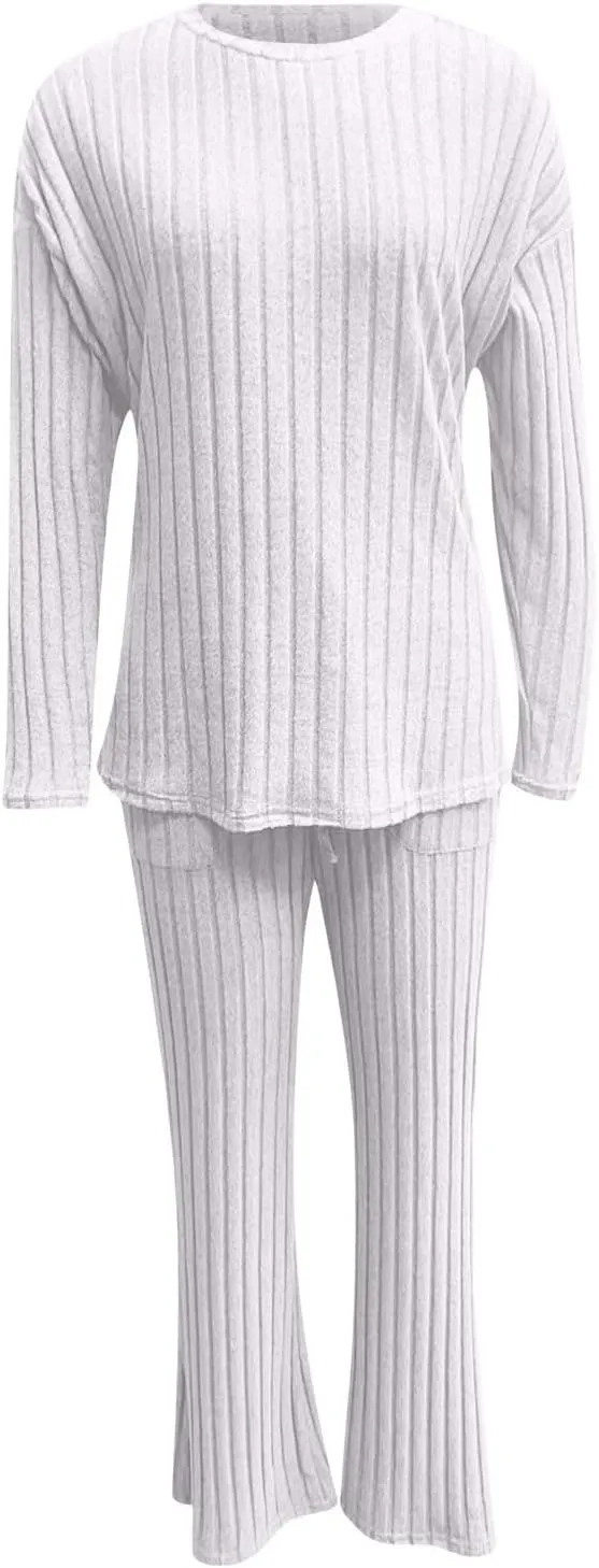 Xiaojmake Womens Rib Knit Lounge Set Cute Loose Long Sleeve Crewneck Knit Pajama Sets Casual 2 Piece Pj Outfit Fall Sleepwear