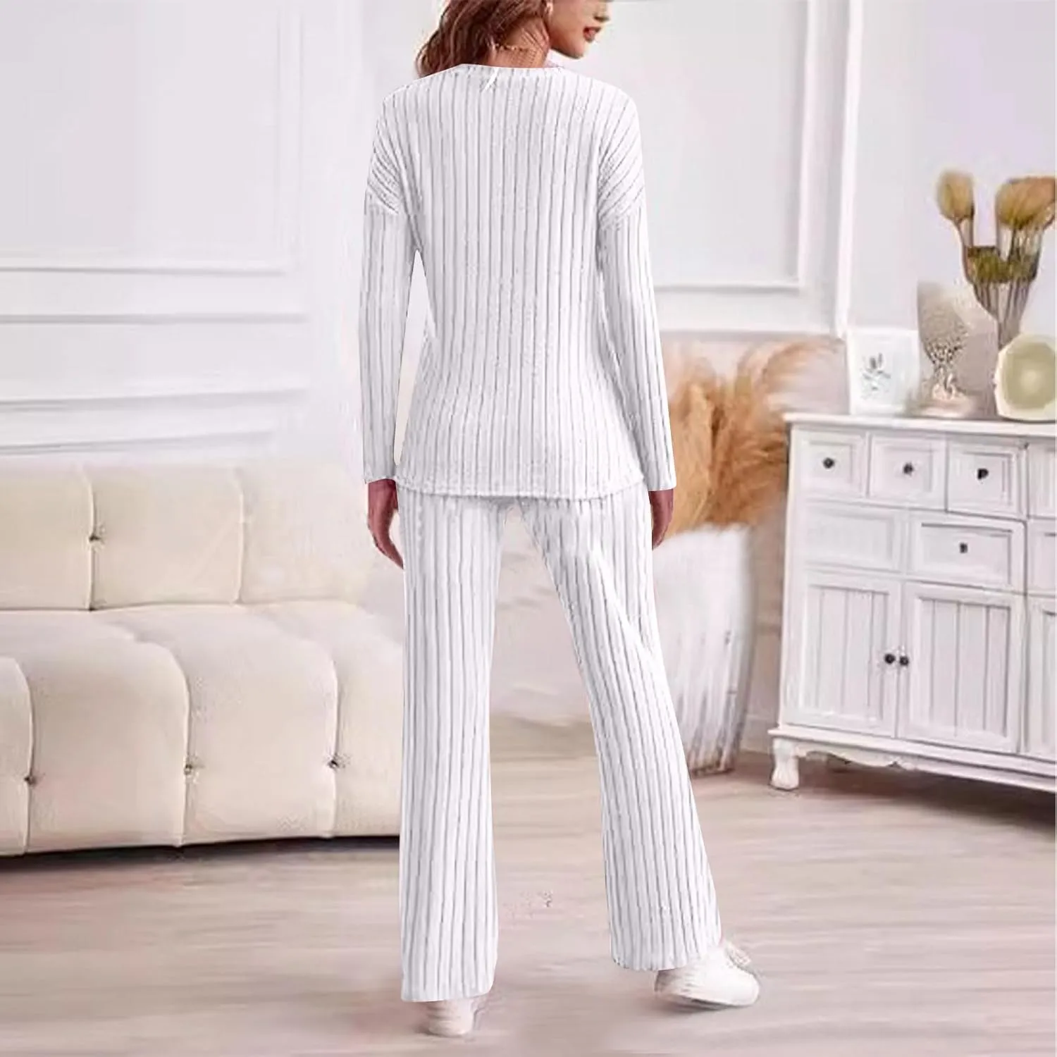 Xiaojmake Womens Rib Knit Lounge Set Cute Loose Long Sleeve Crewneck Knit Pajama Sets Casual 2 Piece Pj Outfit Fall Sleepwear