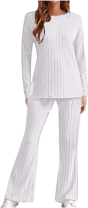 Xiaojmake Womens Rib Knit Lounge Set Cute Loose Long Sleeve Crewneck Knit Pajama Sets Casual 2 Piece Pj Outfit Fall Sleepwear