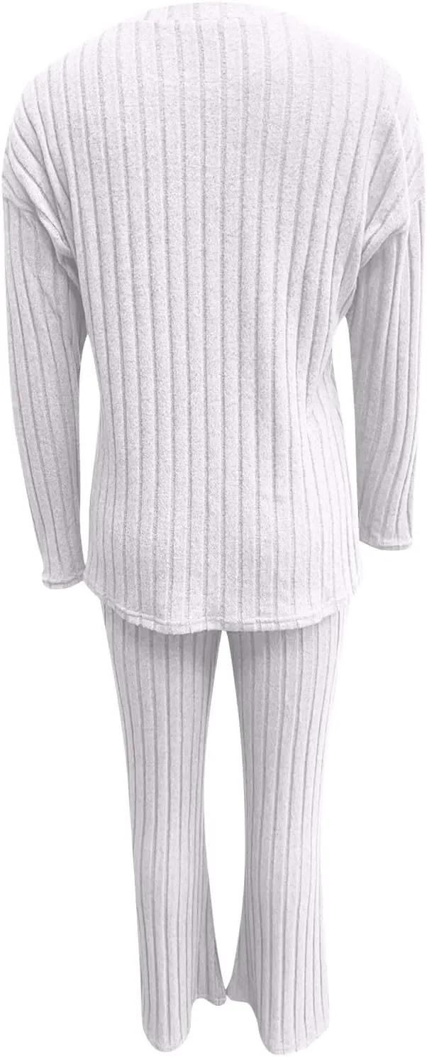 Xiaojmake Womens Rib Knit Lounge Set Cute Loose Long Sleeve Crewneck Knit Pajama Sets Casual 2 Piece Pj Outfit Fall Sleepwear