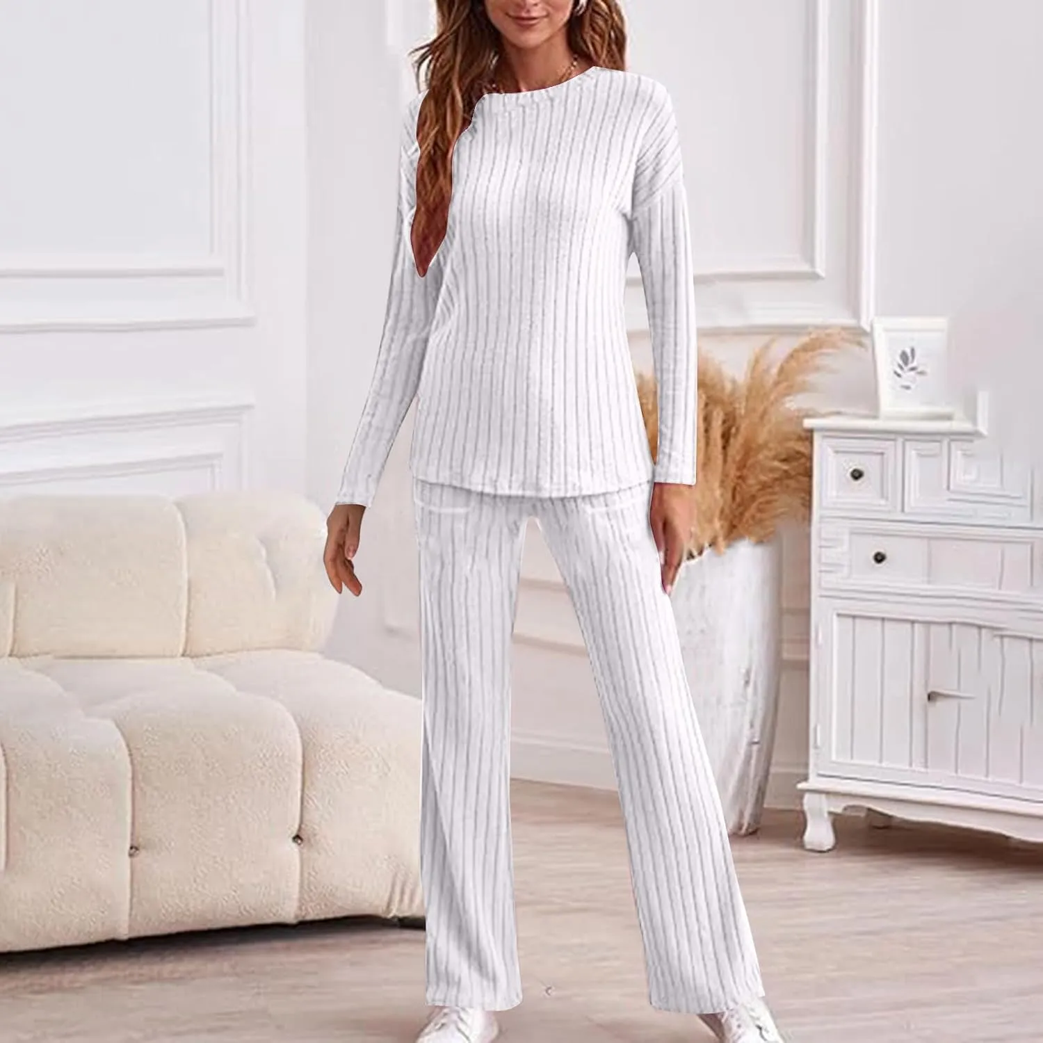 Xiaojmake Womens Rib Knit Lounge Set Cute Loose Long Sleeve Crewneck Knit Pajama Sets Casual 2 Piece Pj Outfit Fall Sleepwear
