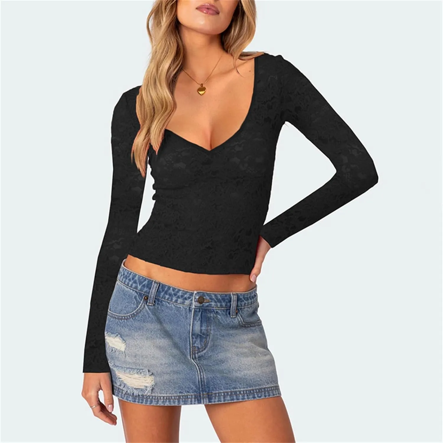 Y2k Long Sleeve Lace Top for Women Sexy Sheer Mesh See Through V Neck Crop Top Slim Fit Lace Shirt Going Out Tops