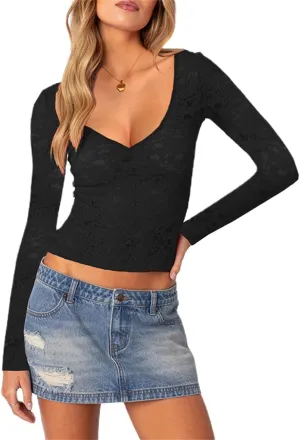 Y2k Long Sleeve Lace Top for Women Sexy Sheer Mesh See Through V Neck Crop Top Slim Fit Lace Shirt Going Out Tops