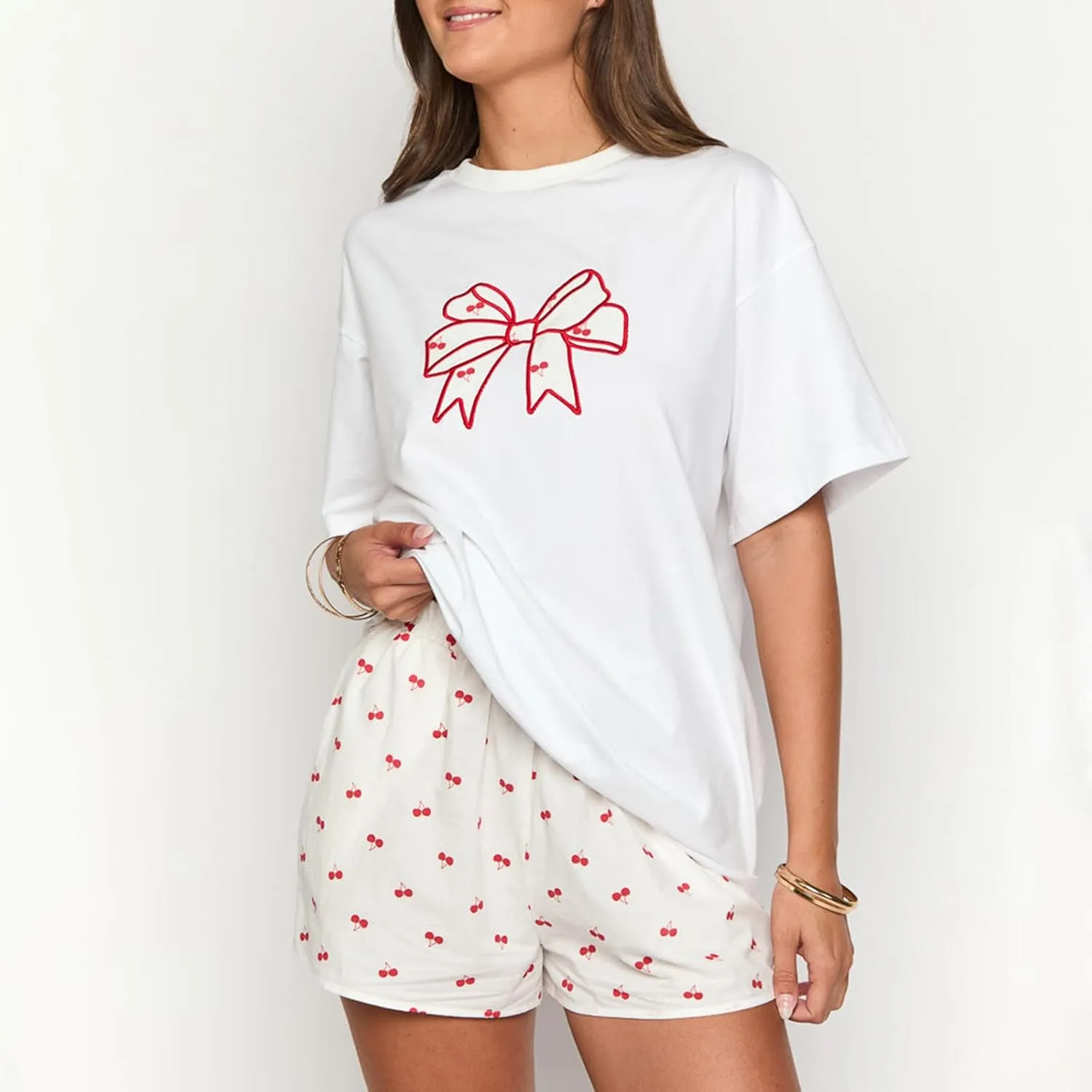 Y2k Oversized Summer Tops for Women Cute Bow Fruit Loose T Shirts Crew Neck Aesthetic Graphic Short Sleeve Tee