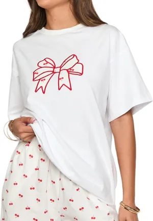 Y2k Oversized Summer Tops for Women Cute Bow Fruit Loose T Shirts Crew Neck Aesthetic Graphic Short Sleeve Tee