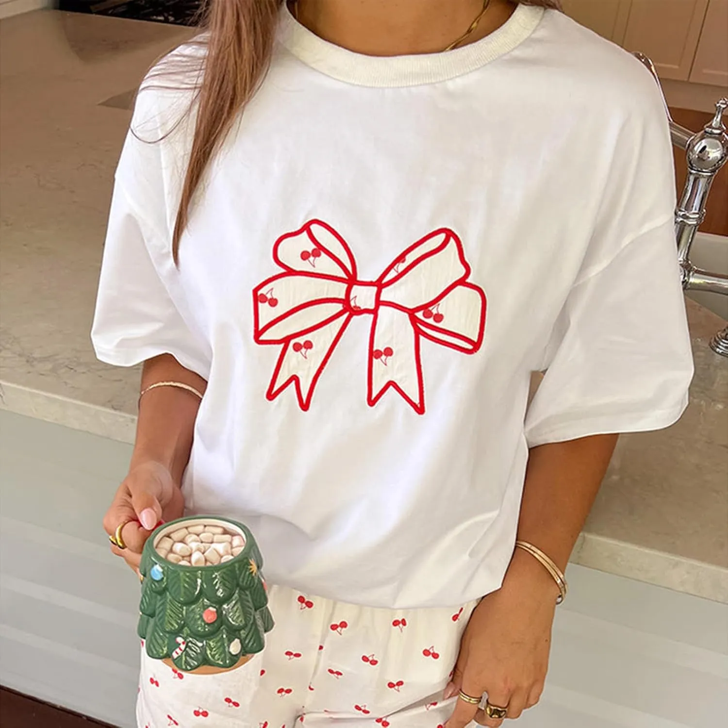 Y2k Oversized Summer Tops for Women Cute Bow Fruit Loose T Shirts Crew Neck Aesthetic Graphic Short Sleeve Tee