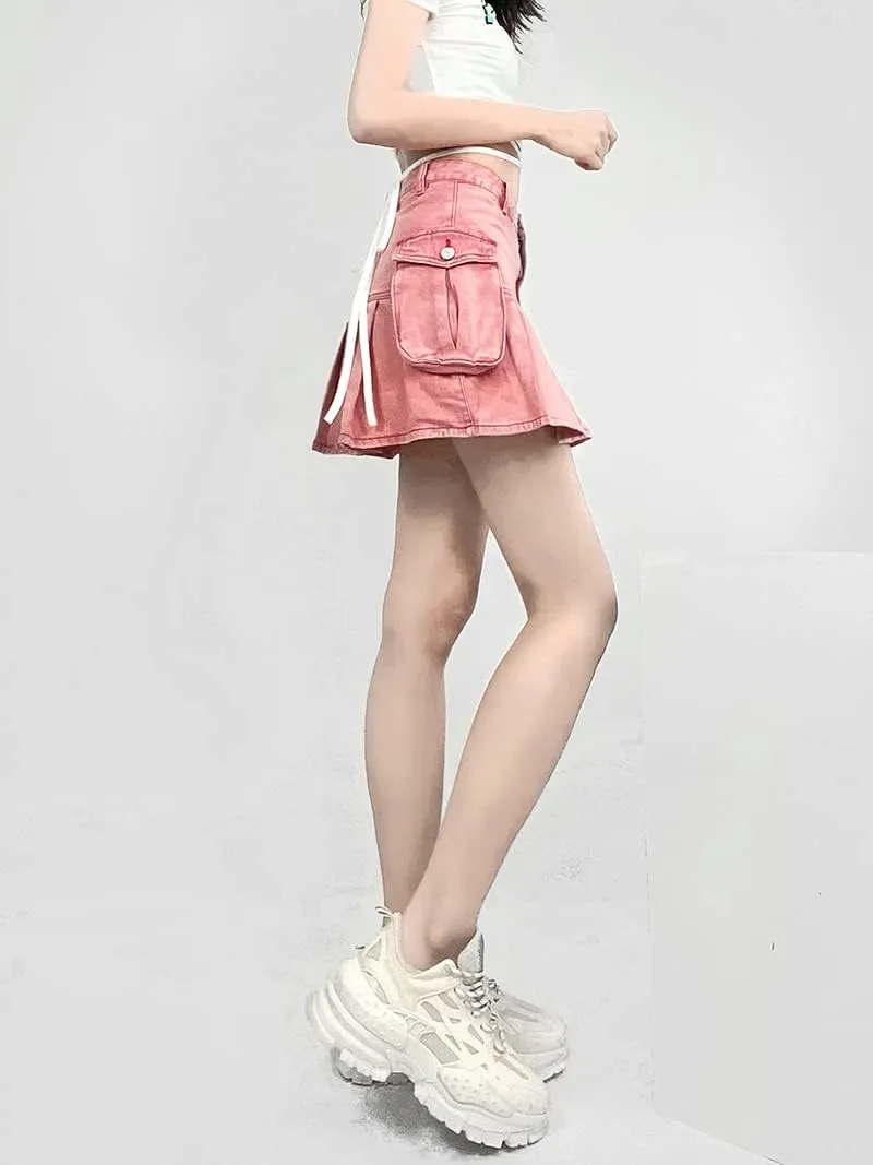 Y2k Pink Pleated Cargo Skirt Women's skirt Flap Pockets Lining Mini Short Denim Jeans Bottom Fairycore Clothing