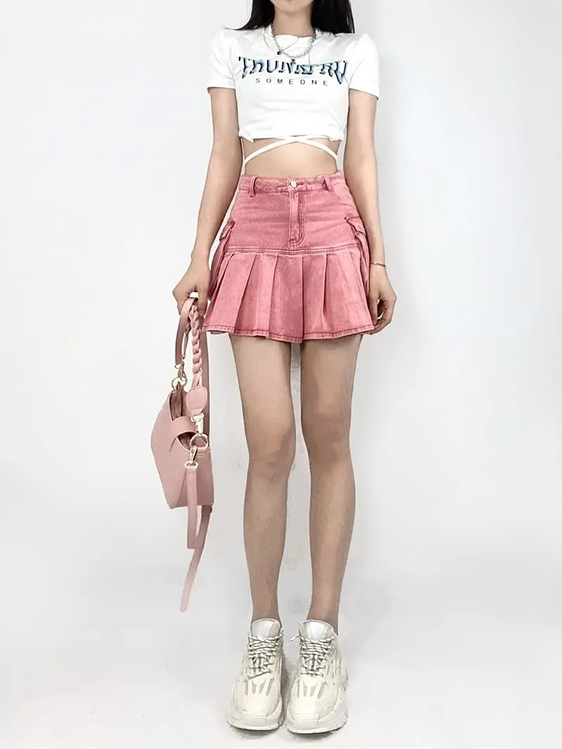 Y2k Pink Pleated Cargo Skirt Women's skirt Flap Pockets Lining Mini Short Denim Jeans Bottom Fairycore Clothing