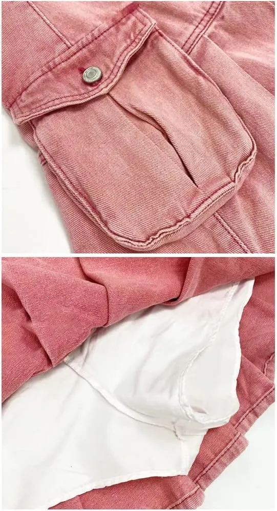 Y2k Pink Pleated Cargo Skirt Women's skirt Flap Pockets Lining Mini Short Denim Jeans Bottom Fairycore Clothing