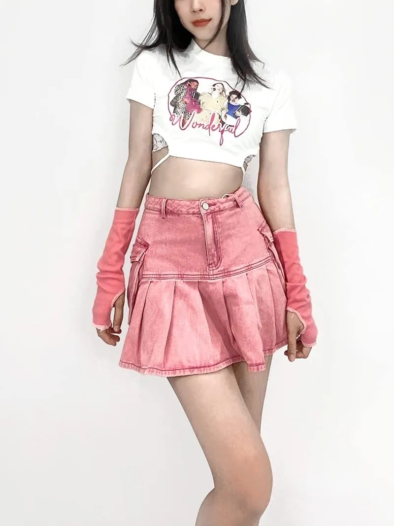 Y2k Pink Pleated Cargo Skirt Women's skirt Flap Pockets Lining Mini Short Denim Jeans Bottom Fairycore Clothing