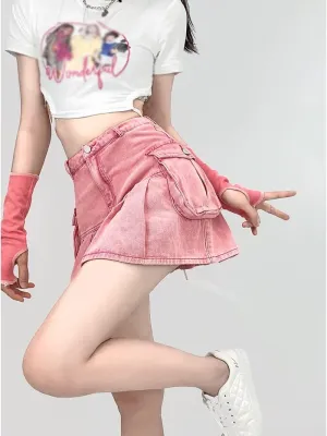Y2k Pink Pleated Cargo Skirt Women's skirt Flap Pockets Lining Mini Short Denim Jeans Bottom Fairycore Clothing
