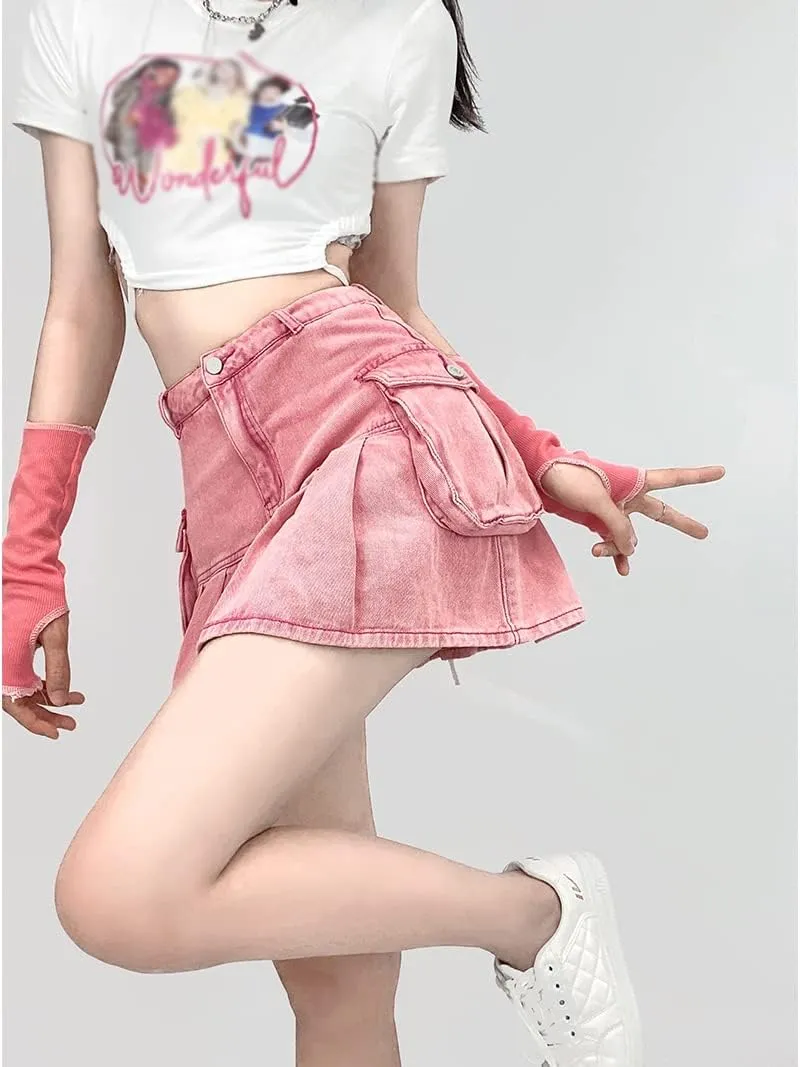 Y2k Pink Pleated Cargo Skirt Women's skirt Flap Pockets Lining Mini Short Denim Jeans Bottom Fairycore Clothing