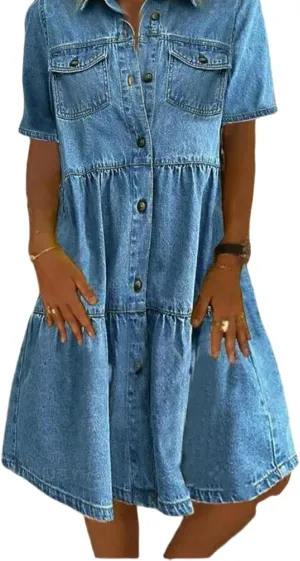 yoeasy Womens Vintage Denim Dress Lapel Button Down Short Sleeve Casual Tiered Flowy Swing A Line Shirt Dress