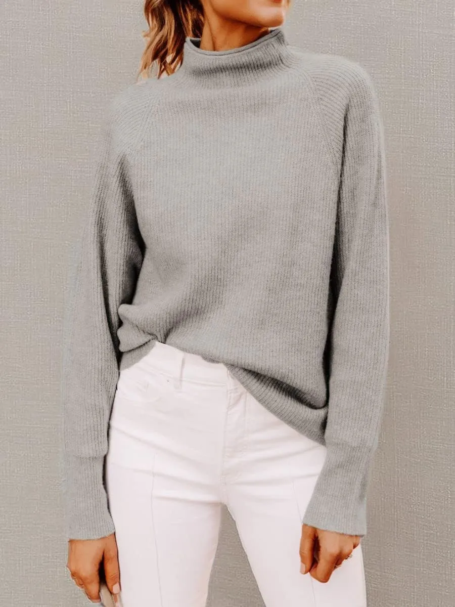 Yousify Womens Ribbed Mock Neck Batwing Sleeve Sweater Loose Knitted Pullover Sweaters Jumper Tops