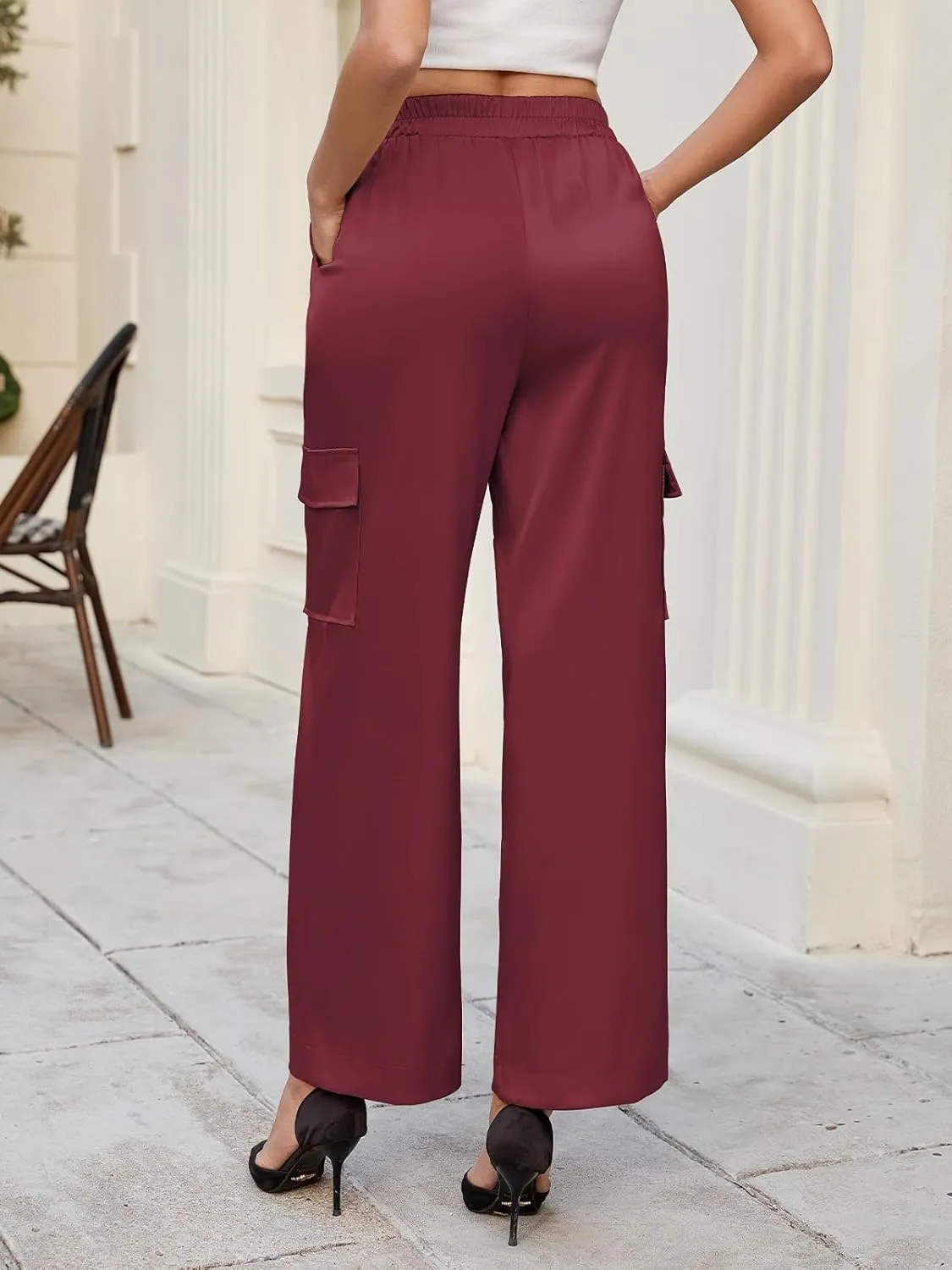 ZAFUL Womens Satin Pants Wide Leg High Waisted Cargo Pants Silky Dressy Casual Slack Trousers