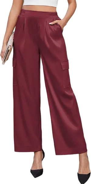 ZAFUL Womens Satin Pants Wide Leg High Waisted Cargo Pants Silky Dressy Casual Slack Trousers