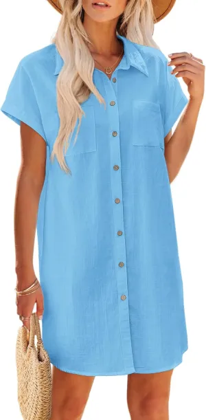 Zeagoo Hawaiian Dresses for Women V-Neck Button Down Cotton Linen Short Sleeve Tshirt Dress Casual Summer Beach Sundress,Blue,XL