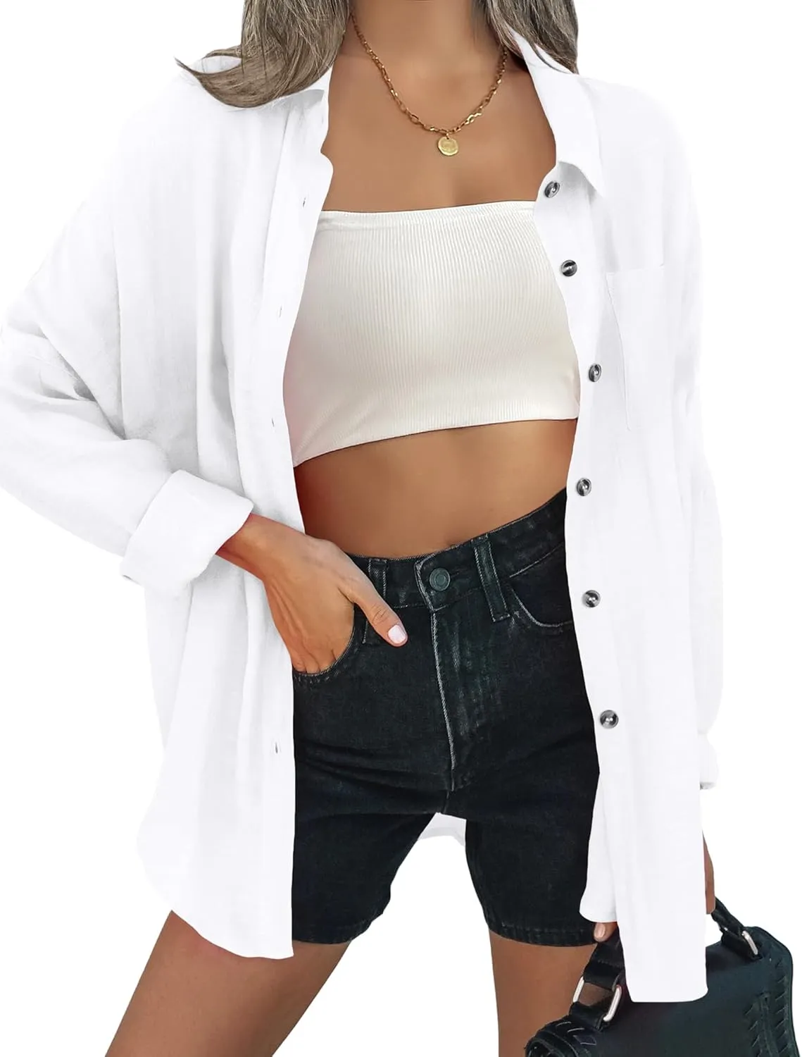 Zeagoo Womens Color Block Button Down Shirts Long Sleeve Linen Shirt Oversized Cotton Blouses Tops with Bust Pocket