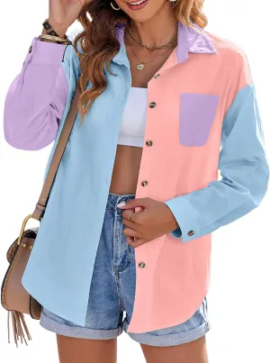 Zeagoo Womens Color Block Button Down Shirts Long Sleeve Linen Shirt Oversized Cotton Blouses Tops with Bust Pocket