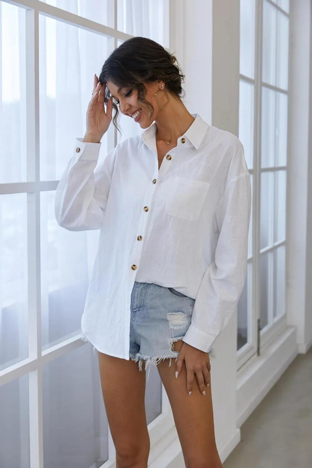 Zeagoo Womens Color Block Button Down Shirts Long Sleeve Linen Shirt Oversized Cotton Blouses Tops with Bust Pocket
