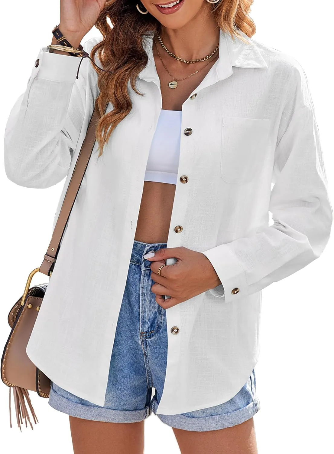 Zeagoo Womens Color Block Button Down Shirts Long Sleeve Linen Shirt Oversized Cotton Blouses Tops with Bust Pocket