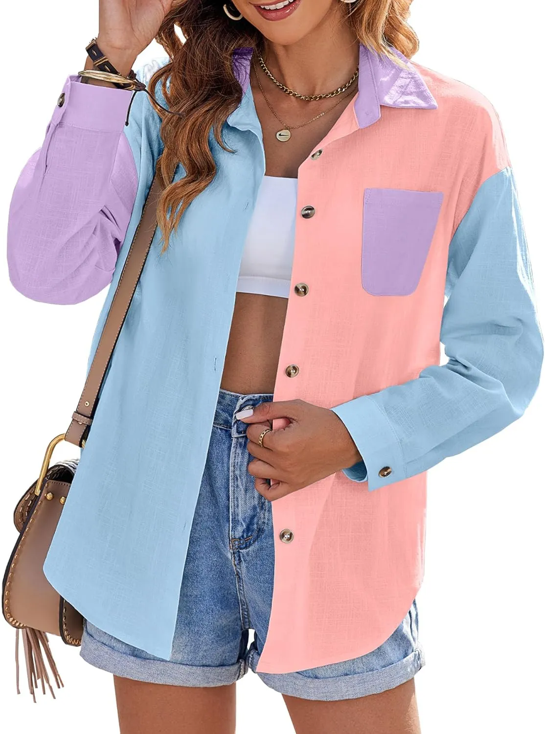 Zeagoo Womens Color Block Button Down Shirts Long Sleeve Linen Shirt Oversized Cotton Blouses Tops with Bust Pocket