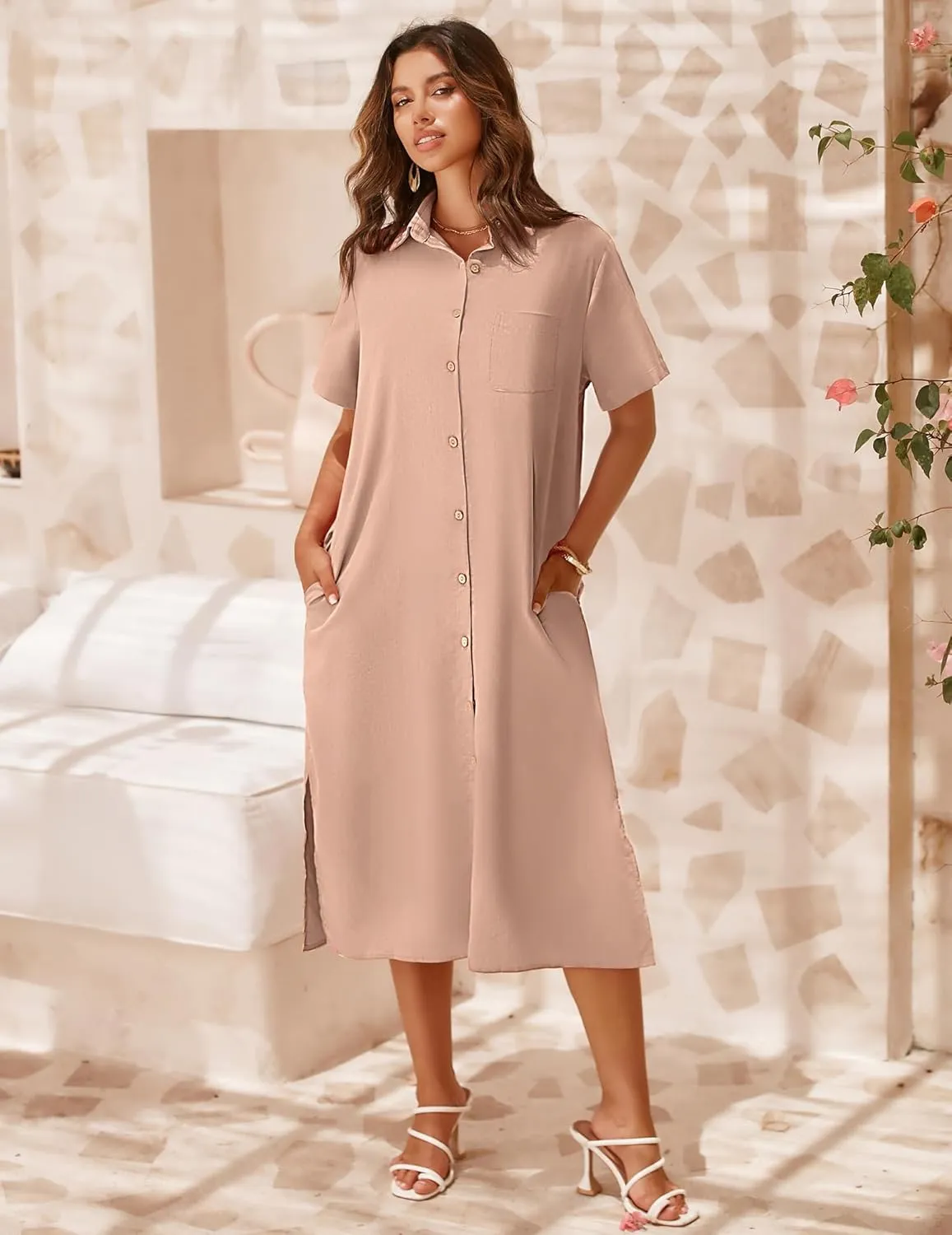 Zeagoo Womens Dress Summer Casual Short Sleeve Button Down Shirt Dresses Beach Cover Up with Pockets