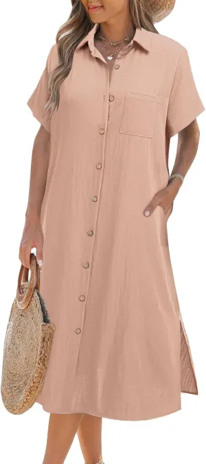 Zeagoo Womens Dress Summer Casual Short Sleeve Button Down Shirt Dresses Beach Cover Up with Pockets