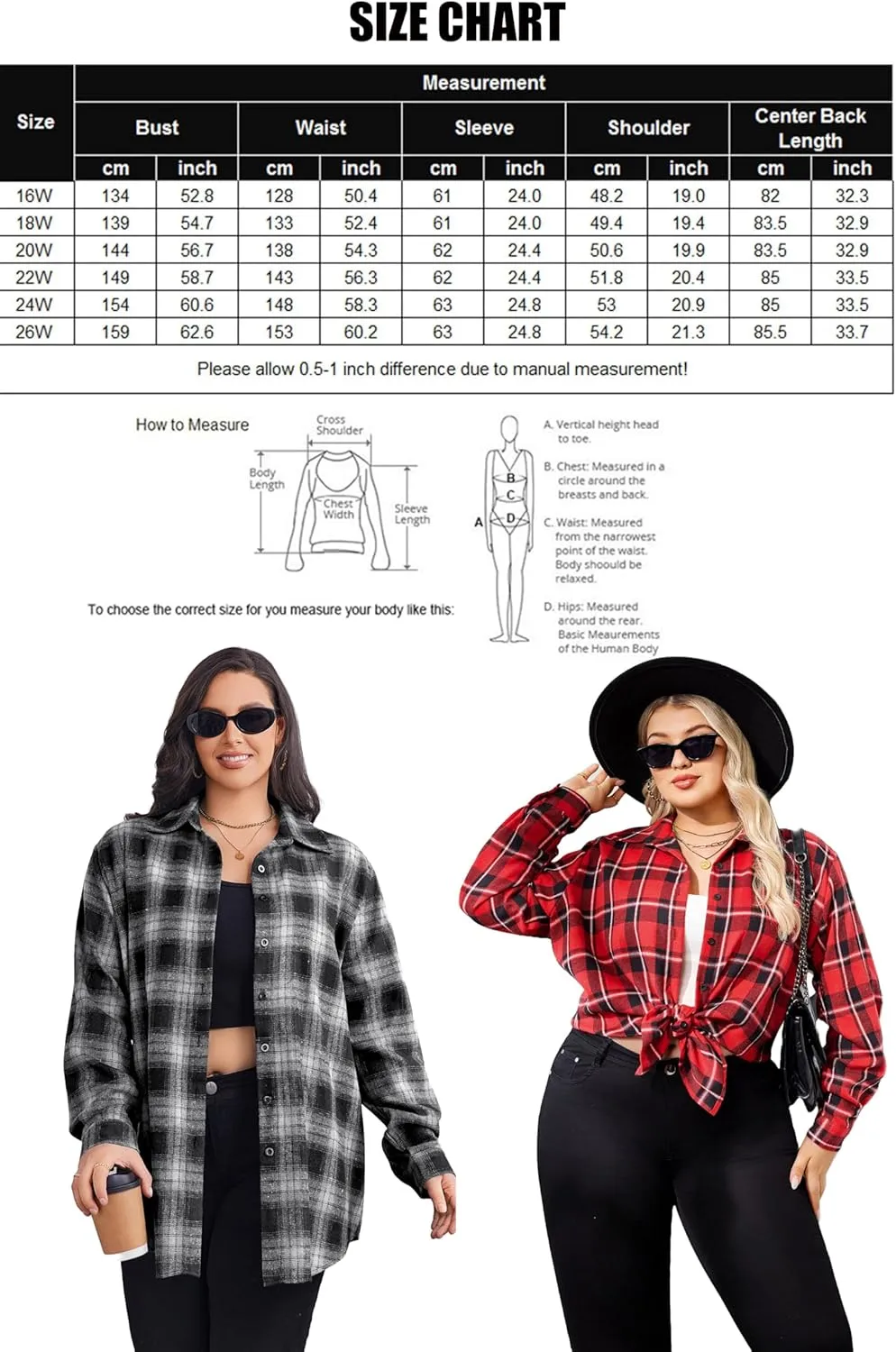 Zeagoo Womens Plus Size Flannel Shirt Plaid Shirts Long Sleeves Casual Button Down Collared Shacket Tops 16W-26W