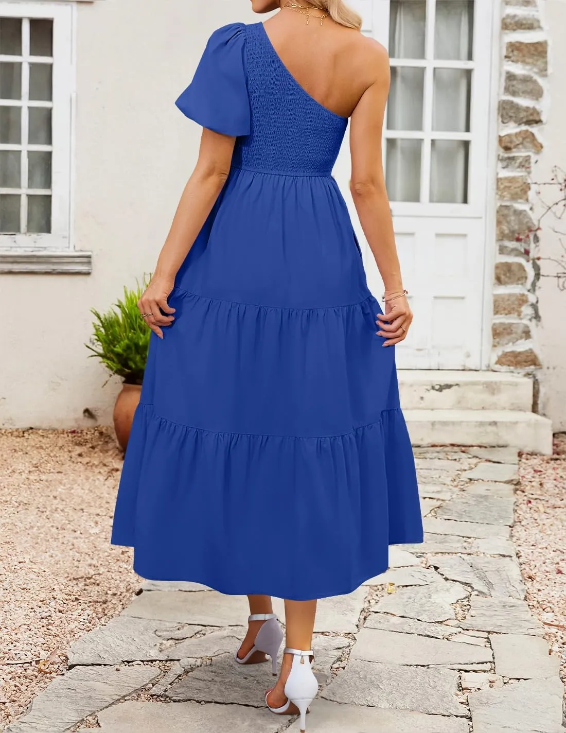 ZESICA Women's Boho Summer One Shoulder Short Sleeve Smocked Side Split Ruffle Swing Midi Dress