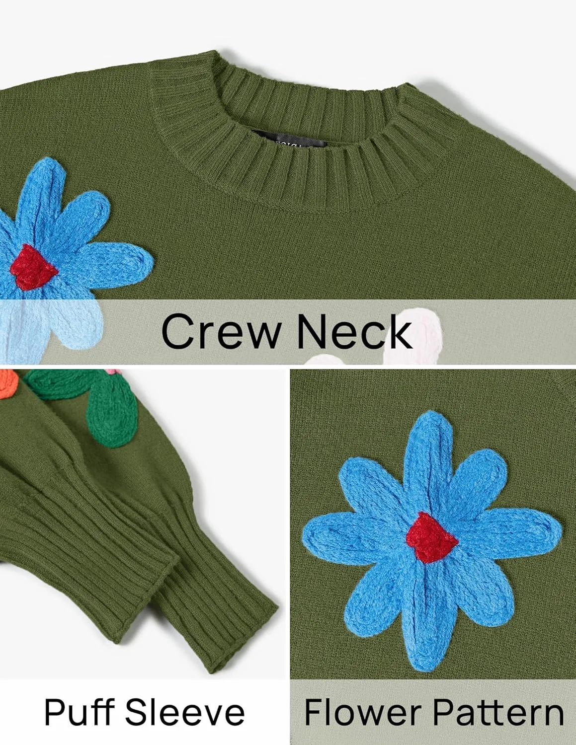 ZESICA Women's Long Puff Sleeve Sweaters Casual Crewneck Ribbed Knit Flower Color Block Loose Pullover Tops