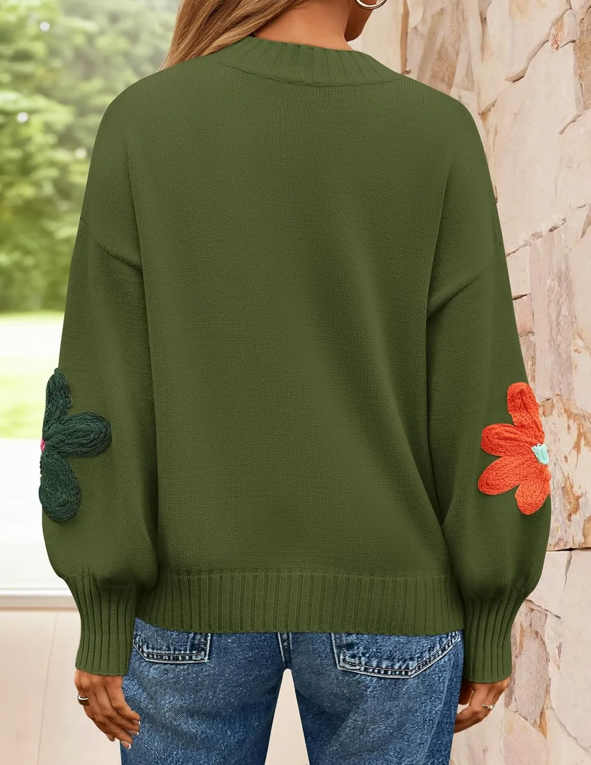 ZESICA Women's Long Puff Sleeve Sweaters Casual Crewneck Ribbed Knit Flower Color Block Loose Pullover Tops