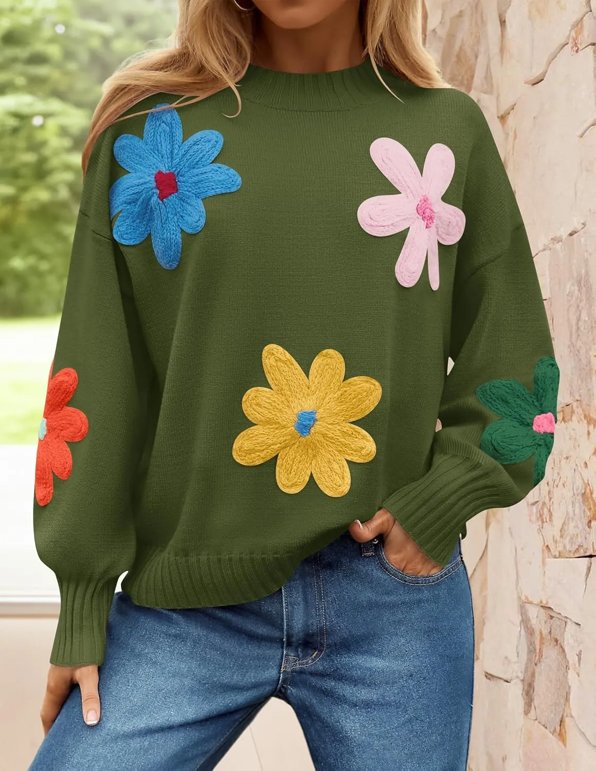 ZESICA Women's Long Puff Sleeve Sweaters Casual Crewneck Ribbed Knit Flower Color Block Loose Pullover Tops