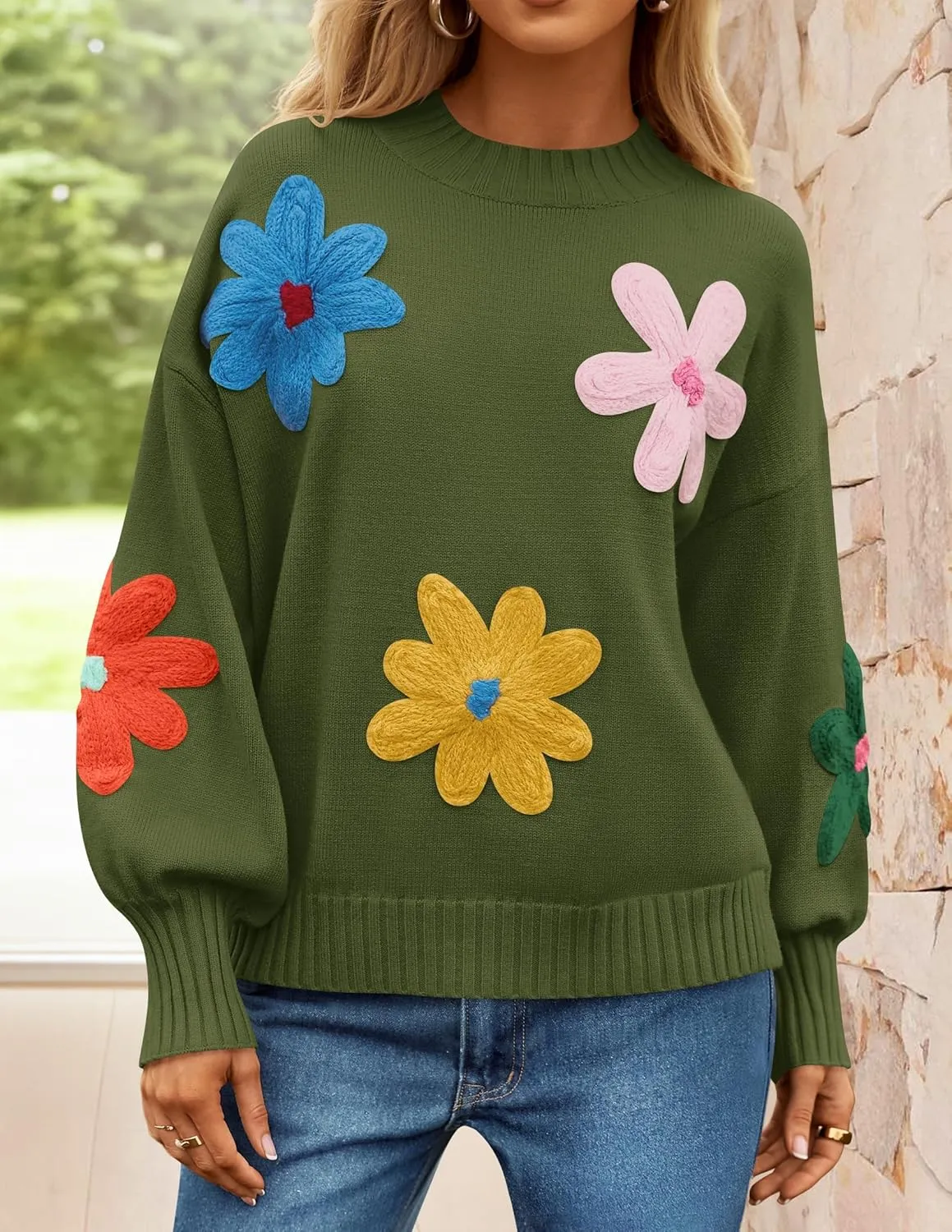 ZESICA Women's Long Puff Sleeve Sweaters Casual Crewneck Ribbed Knit Flower Color Block Loose Pullover Tops