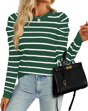 ZESICA Women's Striped Puff Long Sleeve Tops Fall Crewneck Ribbed Knit Casual Pullover Sweaters